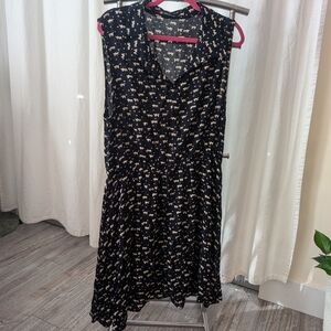 Sleeveless cat print collared navy dress
